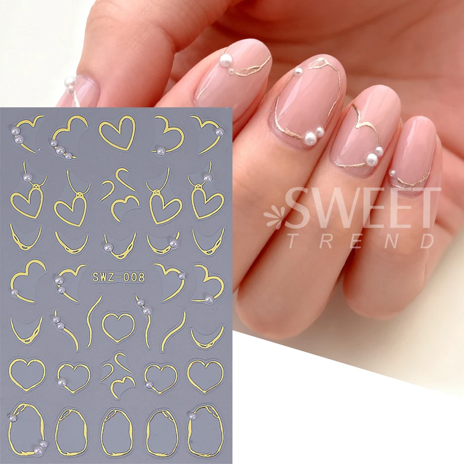 2pcs Bronzing Gold Love Heart Nail Sticker With Rhinestone Irregular Lines Key Y2K Adhesive Decals DIY Charm Manicure Decor Tips