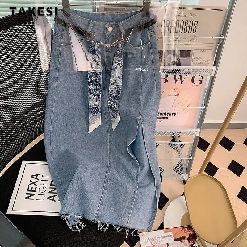 

2023 Summer Vintage Baggy Blue Harajuku Denim Skirt Women's High Waist Y2K Street Style Basic Casual A-line Tassels Slit Skirt