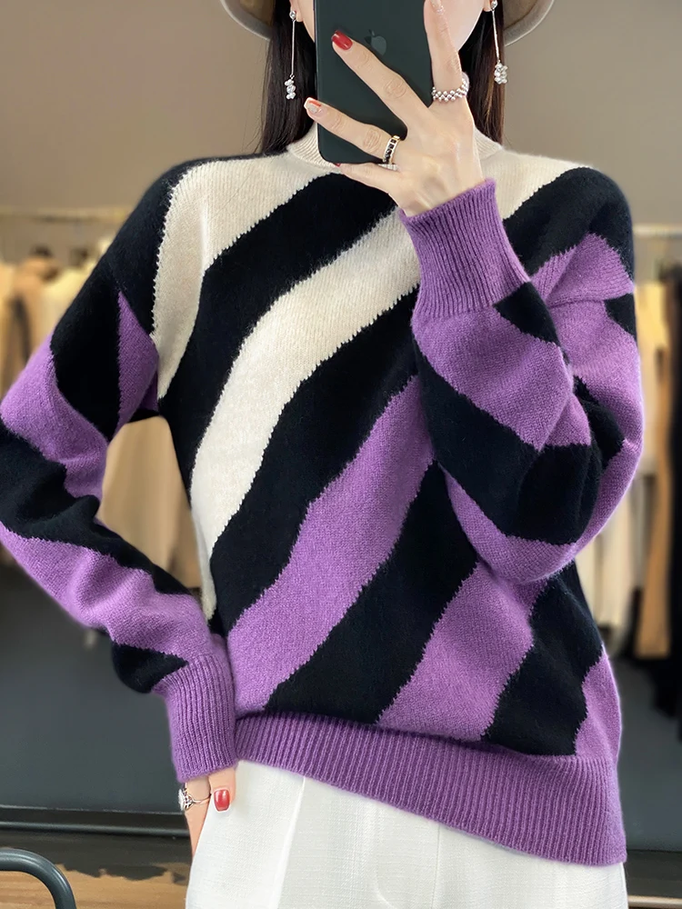 

High Lapel Color Sweater for Female, 100% Pure Wool, Fashionable Casual Style Knitted Pullover, Explosive Tops, Autumn and Winte