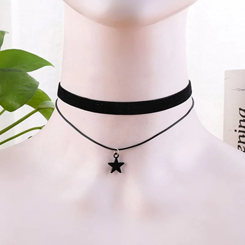 Goth Black Star Choker Lolita Layered Halskette Samt Steampunk Tattoo Halsketten für Frauen Drehmomente Schmuck Schlüsselbeinkette Bijoux