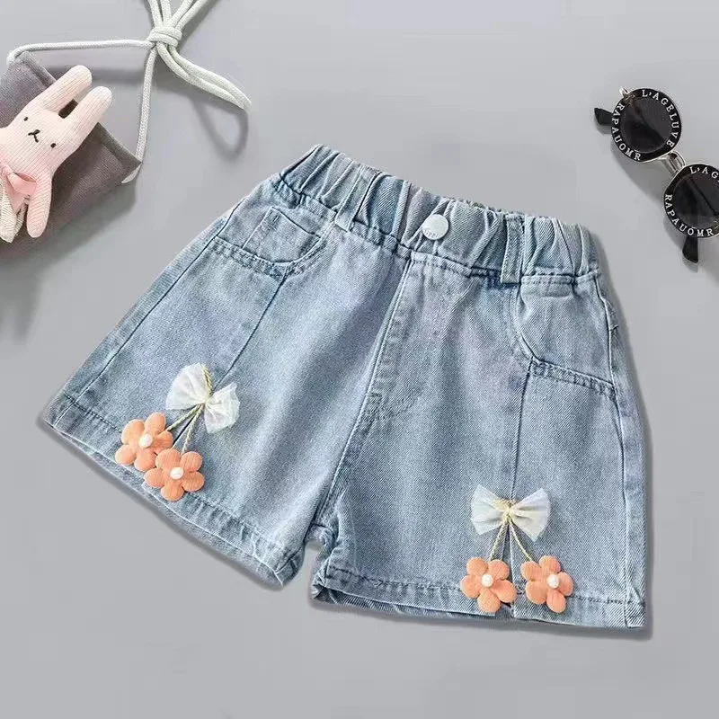 Girls' Denim Shorts, Girls' Denim Skirts, Girls' Denim Pleated Skirts,  Girls' Cute Style Shorts, Blue Denim Floral Shorts, Elastic Waist Shorts,  Loose Fitting Shorts, Suitable For Daily Wear, Suitable For Summer Or