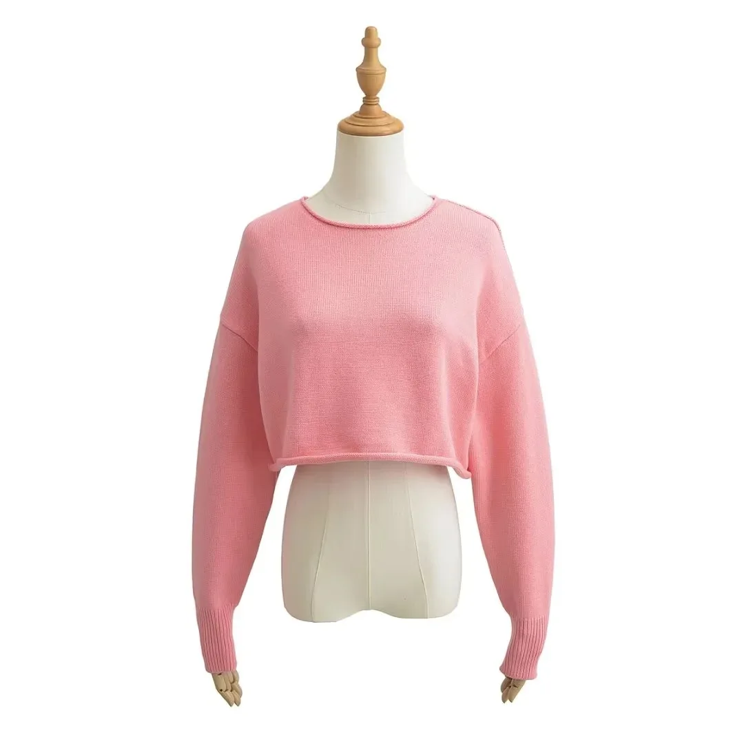 

23 Autumn and Winter New Women's Short Sweater Blouse Hot Girl Rolled Edge Round Neck Loose Knit Sweater Pullover Crop Top