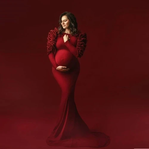 

Burgundy Mermaid Long Sleeves Pregnant Women Photo Shoot Robes Maternity Robe Women Dress Baby Shower Gowns Photography