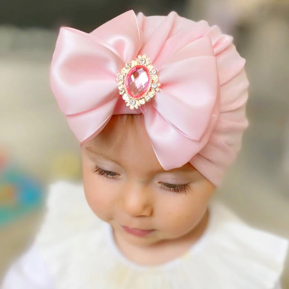 Niedliche, glänzende Strass-Schleife für Kleinkinder, indische Mütze, weiche, hautfreundliche Baumwolle, Babymütze für Mädchen, Turban, modische, handgefertigte Schleifen_voghion.com