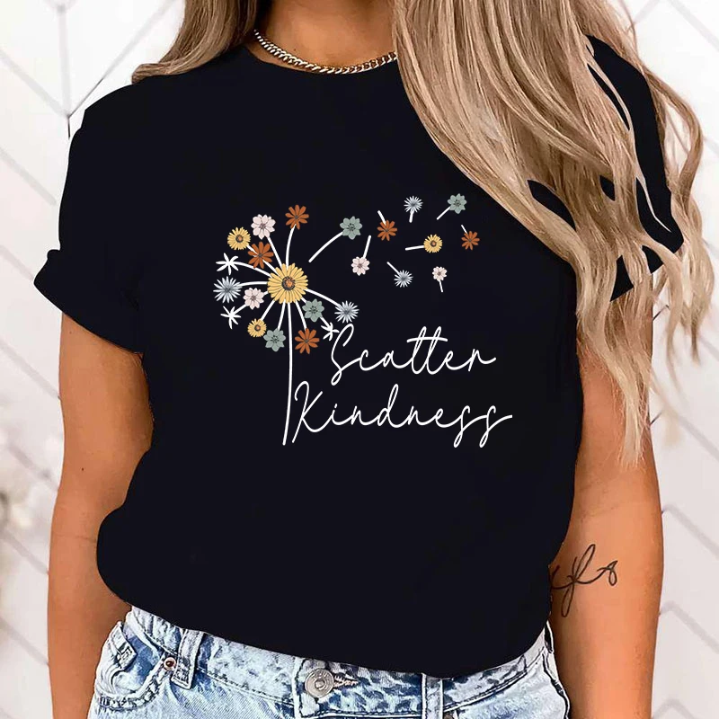 

(Premium T-shirt)Women'S Fashion Printed Dandelion Scatter Kindness Print T-Shirts Summer Casual Loose Round Neck Creative tops