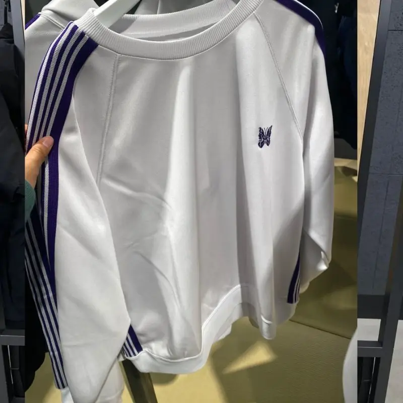 

Needles AWGE Sweatshirts White Purple Embroidered Butterfly Stripes Needles Track Pants Round Neck Pullover for Men Women