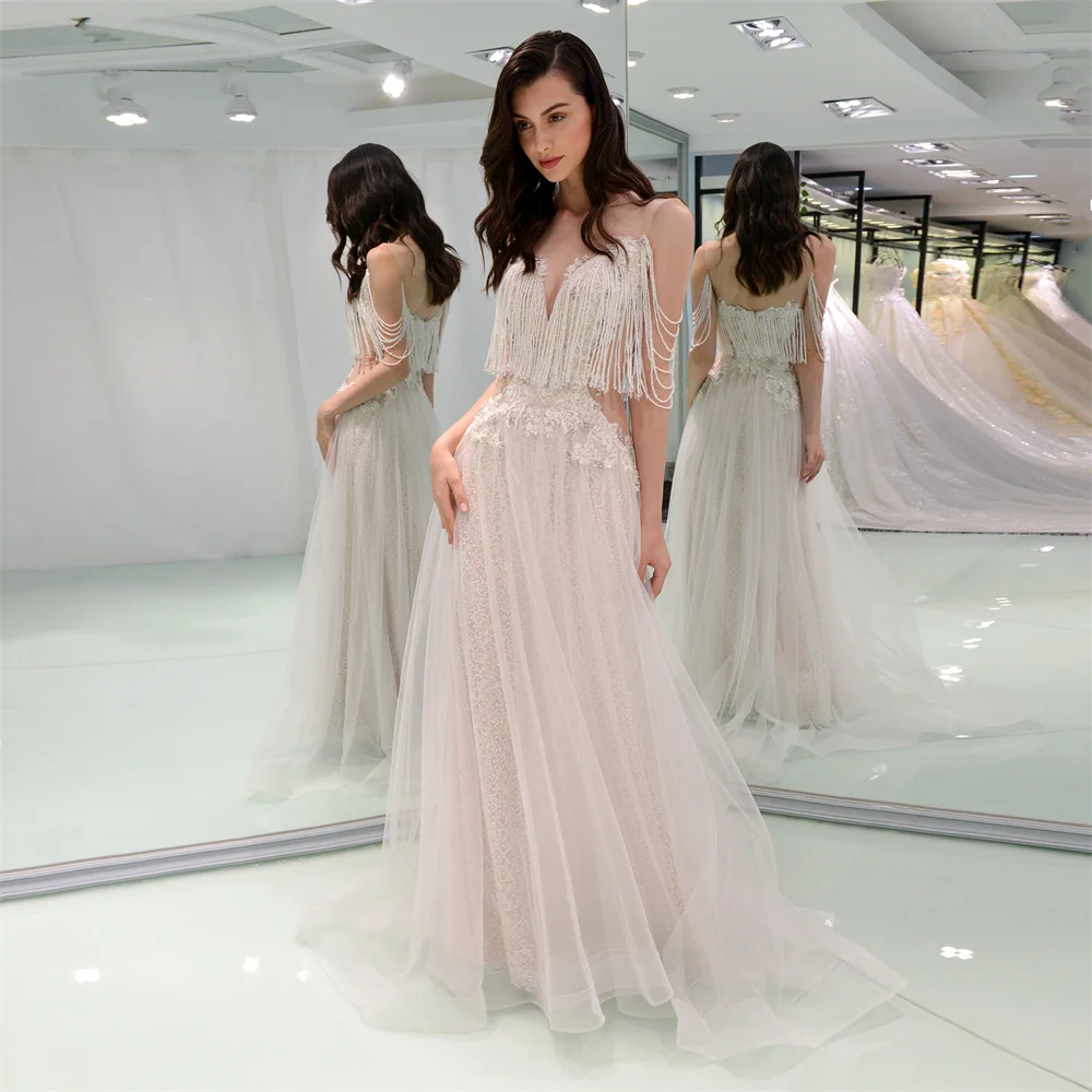 

A-Line Appliques Scoop Sweep / Brush Hall Wedding Dress Sleeveless Of-The-Shoulder Sequined with Feather Sequin 2023
