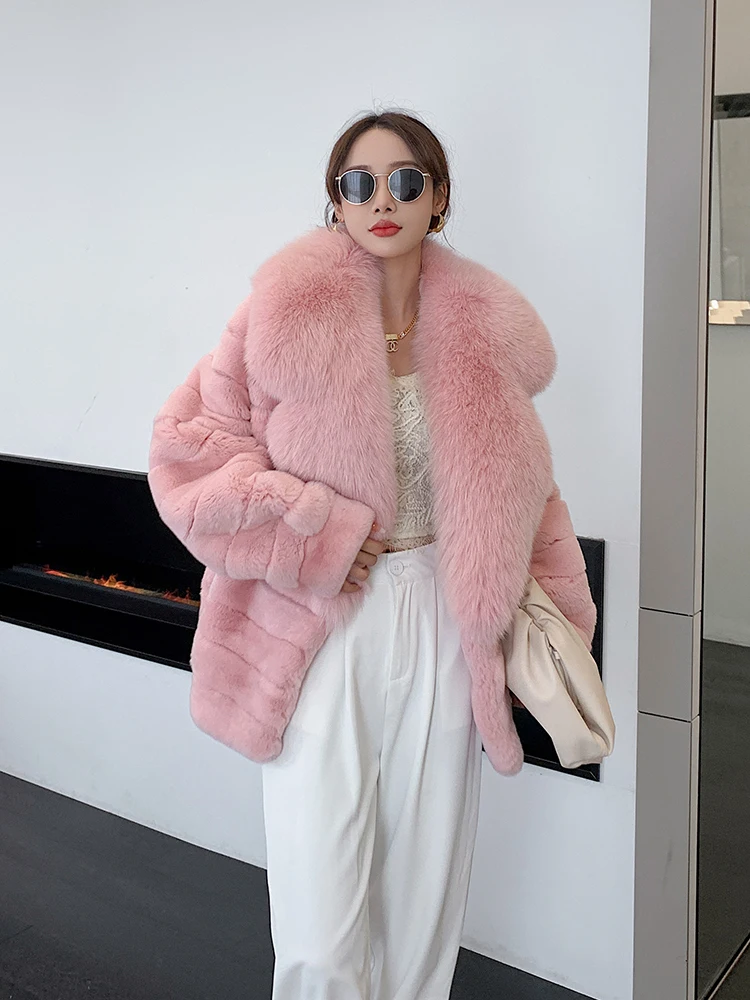 Fashion Women Real Rex Rabbit Fur Coats Long Natural Full Pelt Chinchilla Color Rabbit Fur Jackets With Real Fox Fur Collar Over