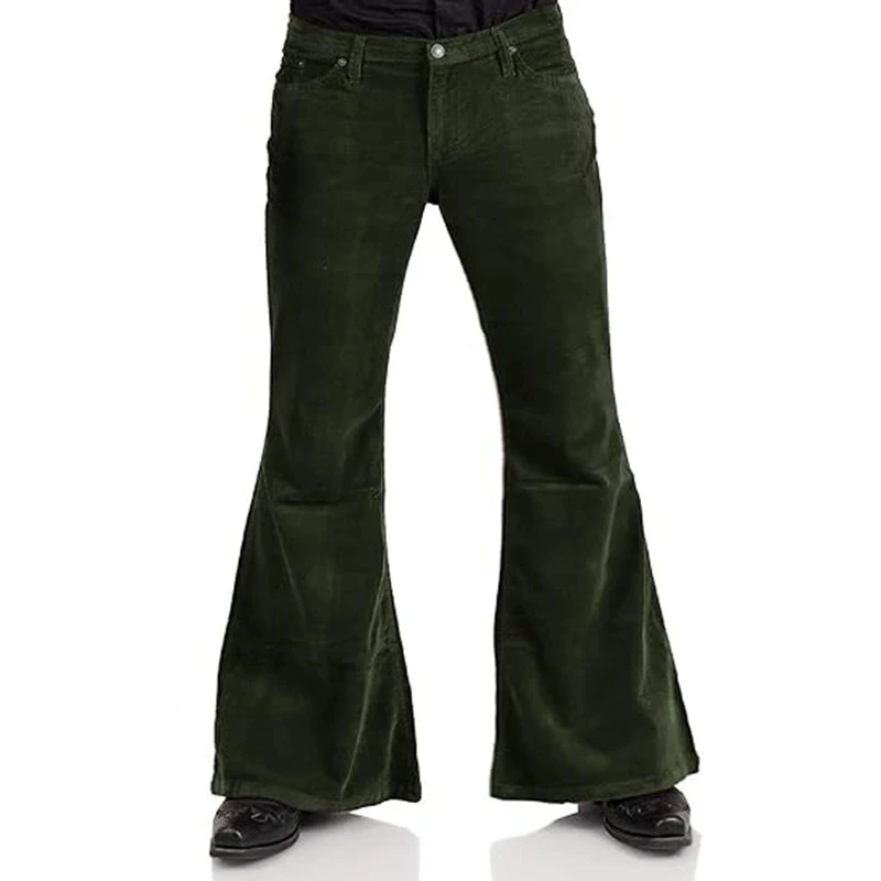 Men's premium corduroy flare pants with button closure, straight-leg fit, and elegant British-inspired casual fashion design. green