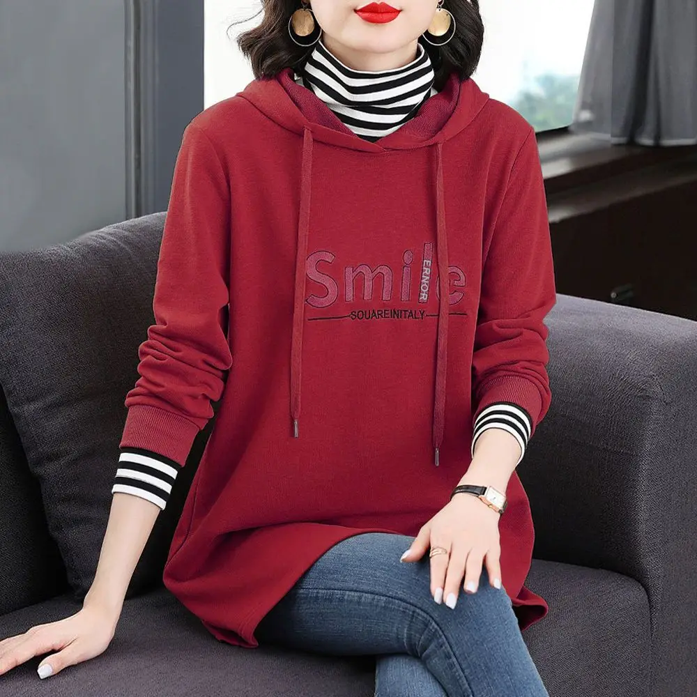 Women Spring and Autumn Fashion New Hooded Sweatshirt Striped Letter Splicing Comfortable Versatile Large Size Long Sleeves Top