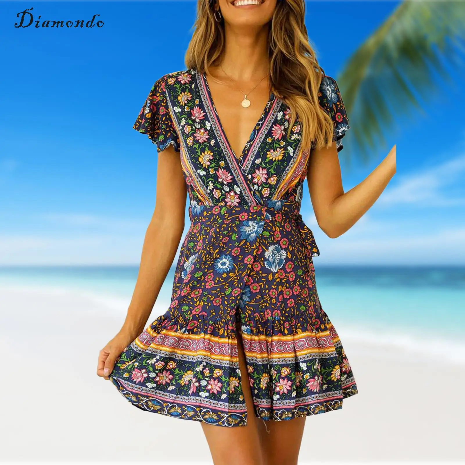 Bohemia Style Floral Summer Sling Dress Sexy V-Neck Print Dress Beach Dress