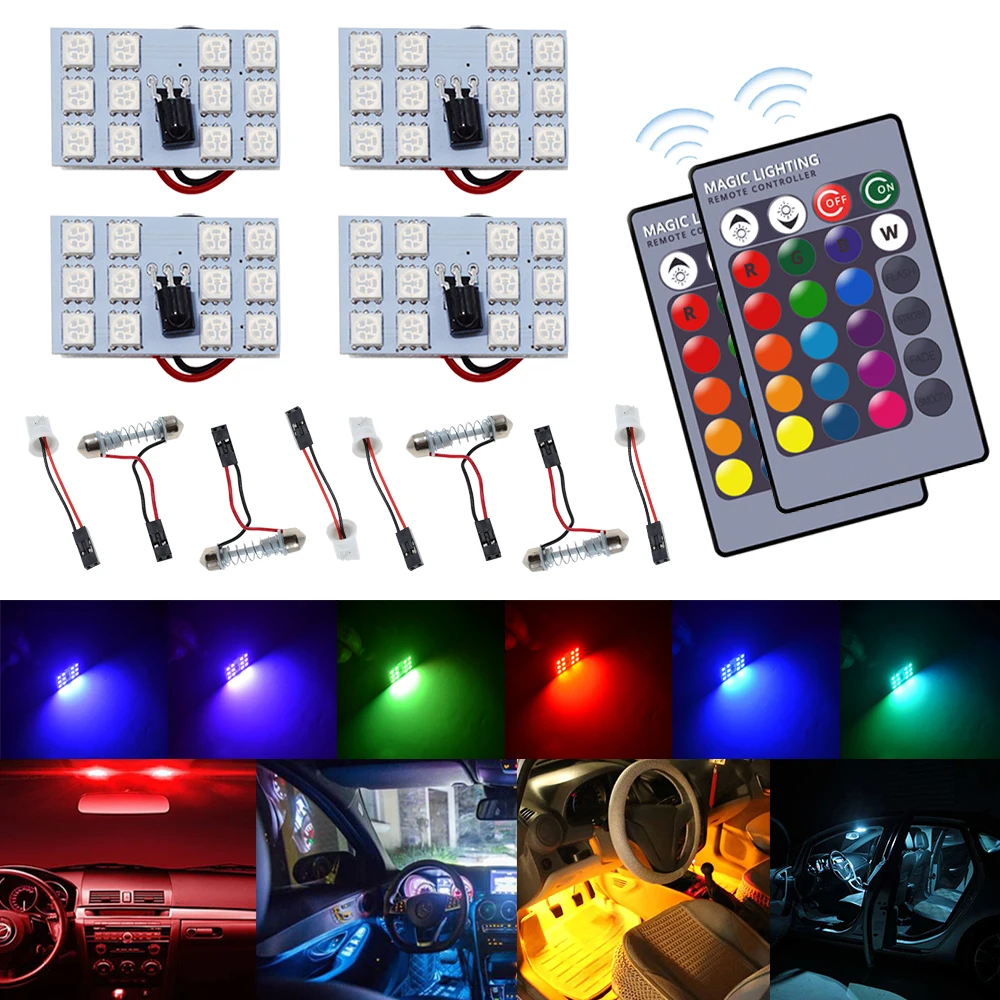 

4Pcs T10 RGB 5050 12-36SMD Car Led Remote Control License Panel Interior Auto Reading Dome Festoon BA9S Adapter Trunk Light 12v