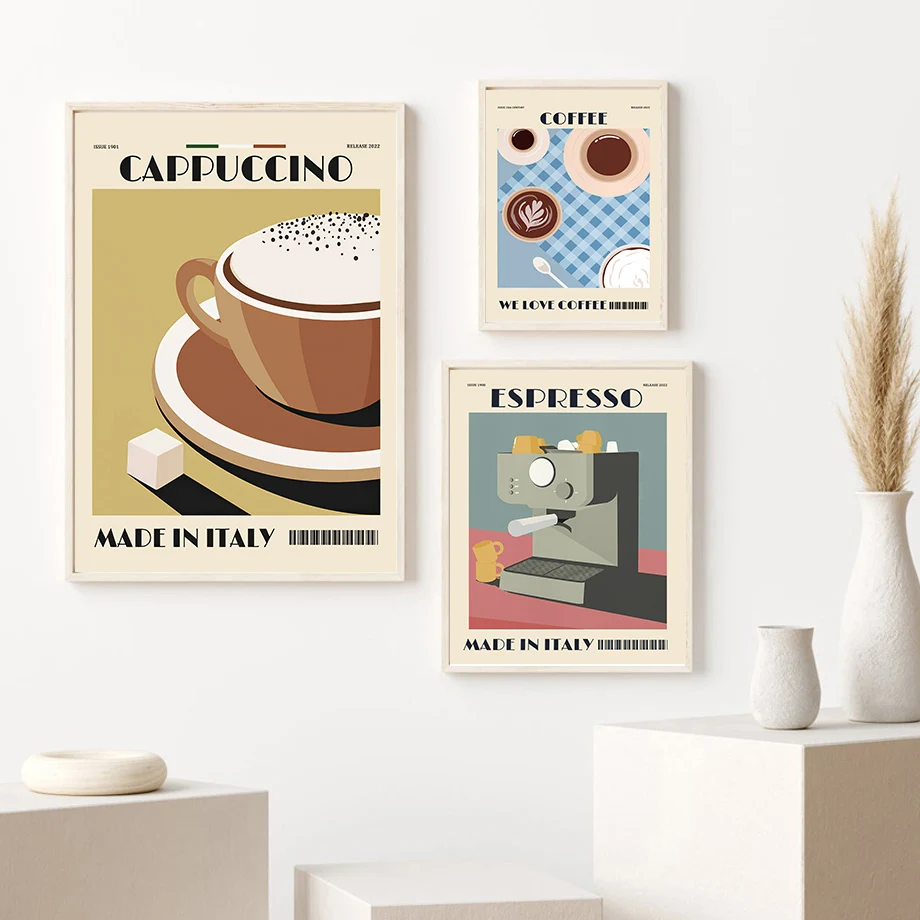 Cappuccino Caffe Latte Retro Italien Lebensmittel Kaffee Poster Und Drucke  Wand Kunst Leinwand Malerei Wand Bilder Für Küche Bar Decor - AliExpress