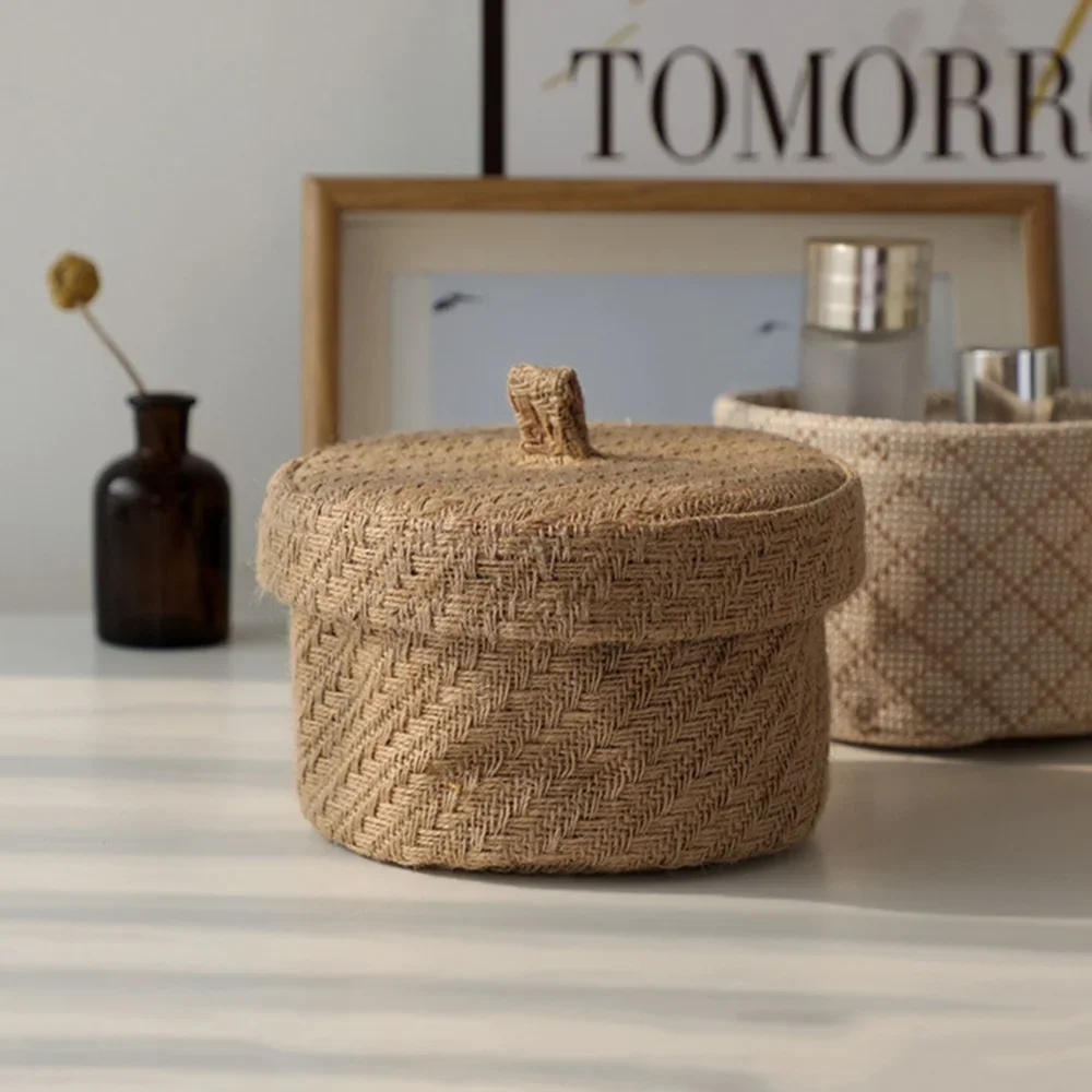 Weaving Snack Storage Box Jute  Sundries Storage Baskets With Lids Wardrobe Table Round Gift Box Wicker Seagrass Flower Pot 2