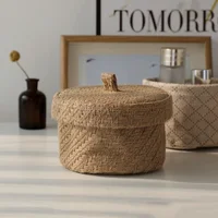Weaving Snack Storage Box Jute  Sundries Storage Baskets With Lids Wardrobe Table Round Gift Box Wicker Seagrass Flower Pot 2