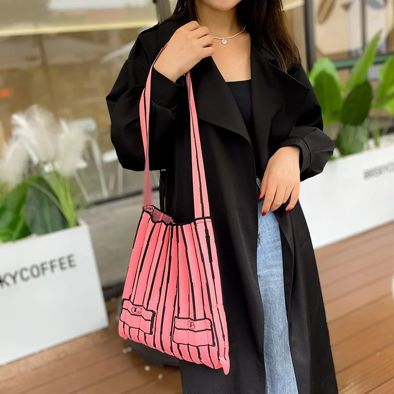Knitted Shoulder Bag 2023 New Korean Style Simple Fashion Striped Plaid Mixed Colors Large Capacity Storage Bag Casual All-match