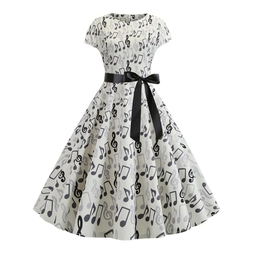 

Women Evening Dress Music Scale Print Midi Dress with Bow Belt A-line Hem Women's Colorful Short Sleeve Tight Waist Dress