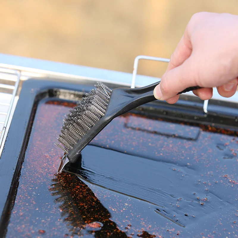 Stainless Steel Barbecue Brush Grill Cleaning Wire Brush with Scraper BBQ Cleaner Accessories For Outdoor Camping