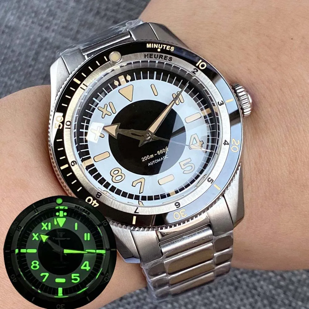 Tandorio Vintage Diver S Nh35 Watche Black Pt5000 Movt Dome Sapphire Glass Orologio Da Polso Meccanico Giallo Marker Bezel 20Bar Retro