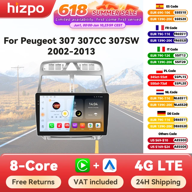 Hizpo 6115 autoradio pour Peugeot 307 307CC 307SW 2002 - 2013 sans fil CarPlay Android Auto systèmes intelligents No 2 din 2din DVD 1