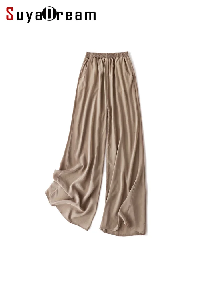 SuyaDream Women Wide Leg Pants 100%Real Silk Solid Elastic Waisted Ankle-length 2025 Office Spring Autumn Chic Trousers Black