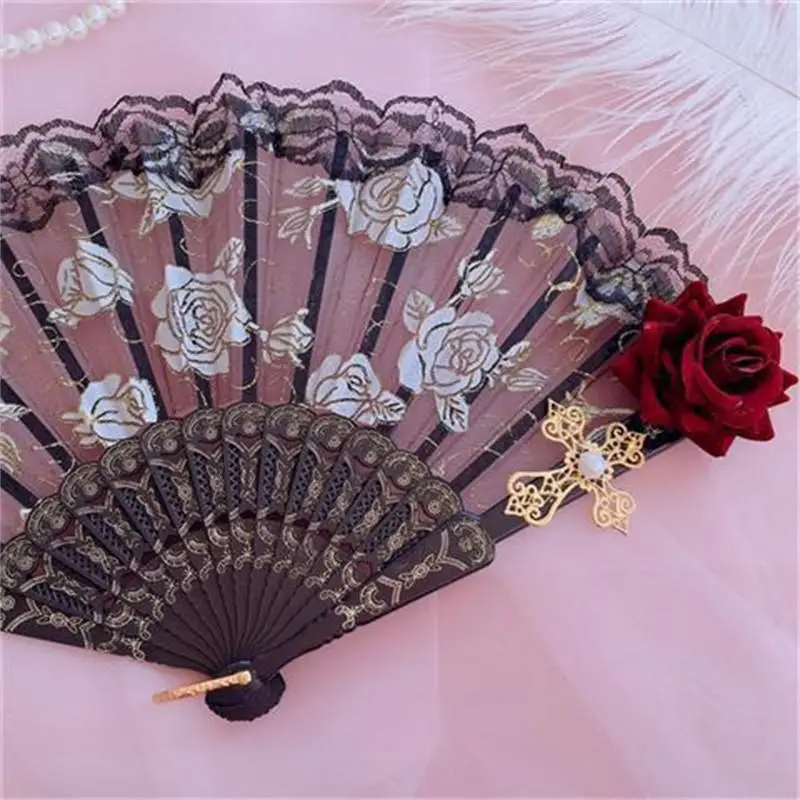 forbrug Ru alene Lolita Gothic Fan Victorian Female Lace Hand Fan Vintage Black White Red  Rose Bamboo Fans Cosplay Halloween Party Supplies - Decorative Fans -  AliExpress