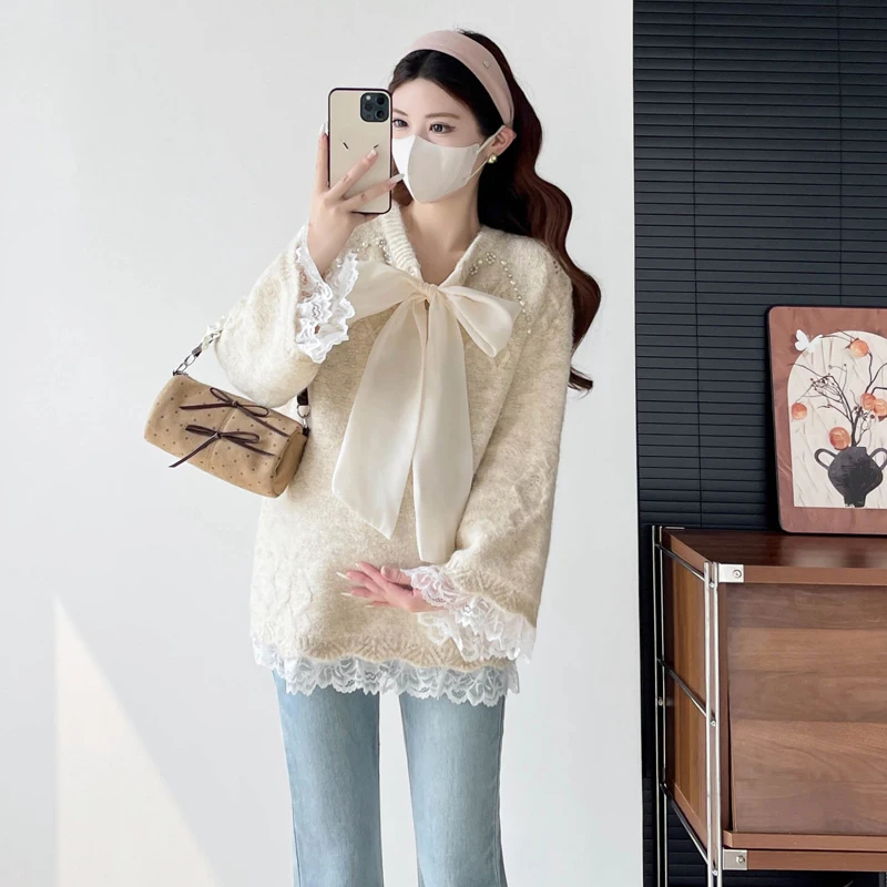 G82412 임산부 탑스 브이넥 리본 레이스 패치워크 탑스 여성용 신상품 엄마 임산부 탑스