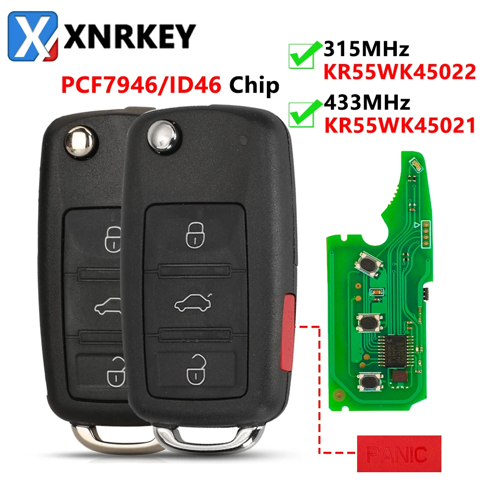 XNRKEY 3/3+1B Remote Car Key PCF7946/ID46 Chip 315/433Mhz for VW Volkswagen Phaeton Touareg 2002-2010 KR55WK45021 KR55WK45022