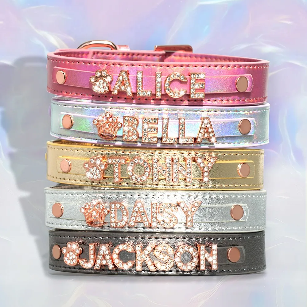 Personalisiertes Hundehalsband aus glänzendem PU-Leder mit roségoldenem Namensschild und Anhänger, verstellbare Haustierhalsbänder für kleine und mittelgroße Hunde – Detail 2