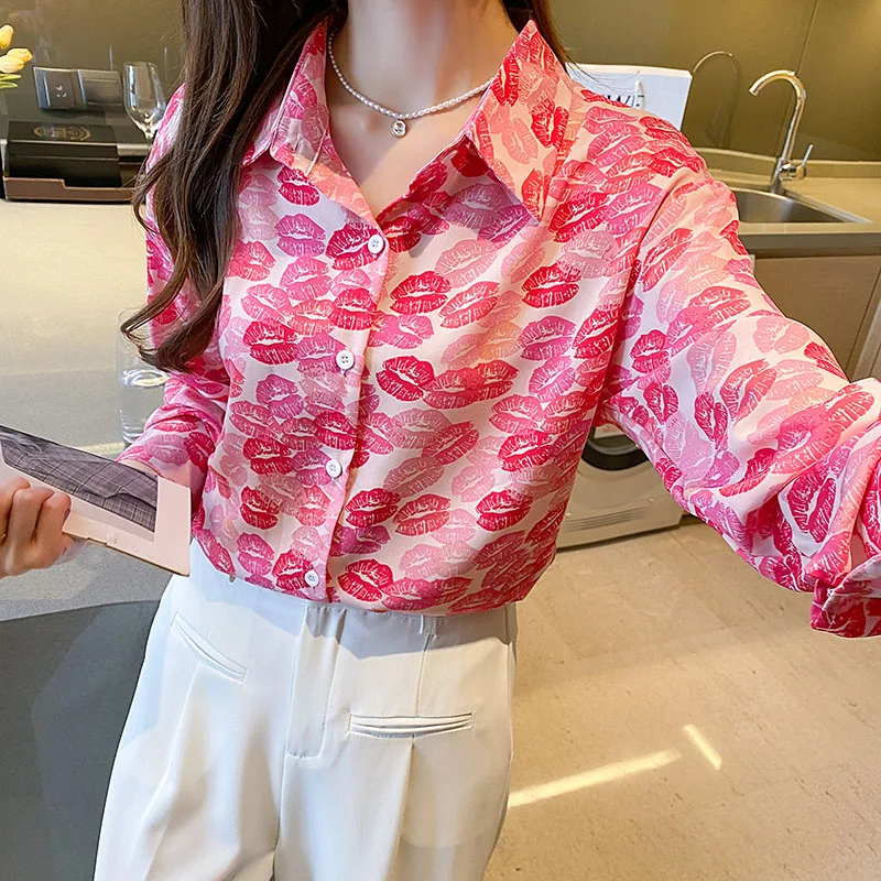 Women's Pink Lip Print Shirt Spring New Loose Y2k Street Fashion Blouse Female Clothing Button Turn-down Collar Chic Casual Tops