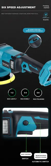 Lucidatrice Auto A Batteria Per Makita | 9500 Giri/min, 6 Velocità | D-Maniglia Ergonomica | Per Auto, Barche E Legno - Foto 6