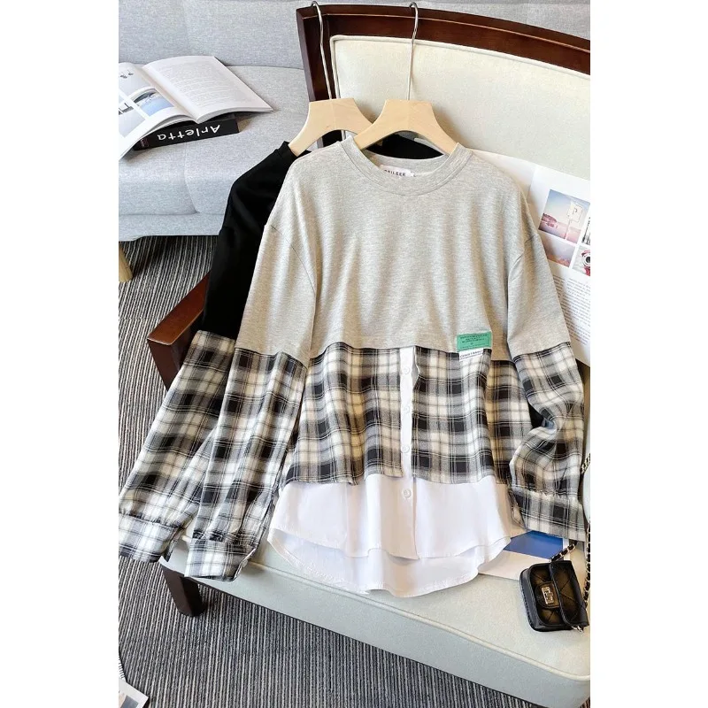 2023 Autumn Winter Women's Long Sleeve Patchwork Sweatshirts American Retro Plaid Round Neck Female Fashion Vintage Tees Top