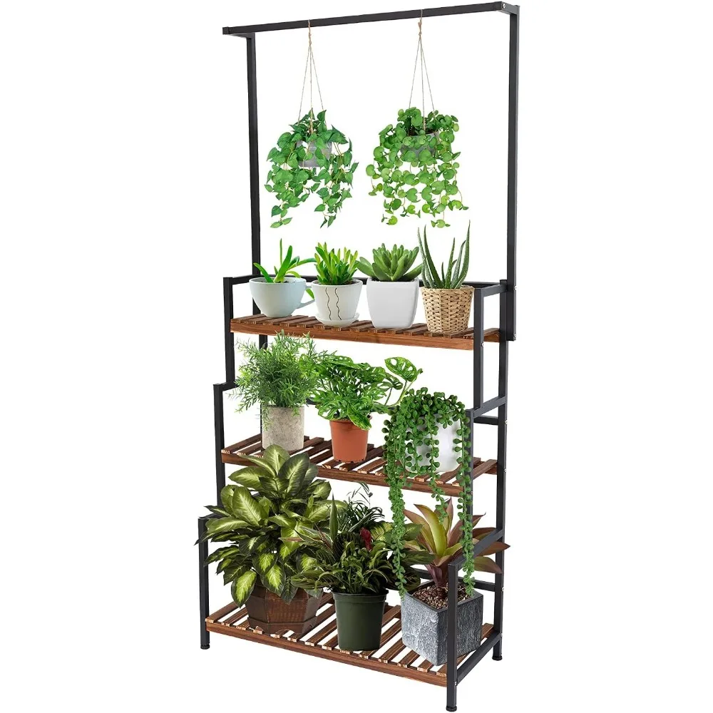 ULIKE Plant Stand Outdoor Indoor Hanging Plant Shelf for Multiple Plants 3 Tier Tall Stand Wood Rack with Metal Frame for