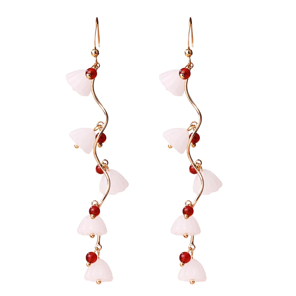 

Farlena Chinese Ethnic Style Natural Stone Beads Drop Earrings for women Vintage White lotus tassel Dangle earrings long