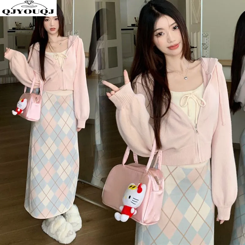 Sweet and Versatile Fashion New Long Sleeved High Waisted Plaid Half Length Skirt Jacket Butterfly Inner Matching Women's Three bridal accessories slip dress a line waist three dimensional crinoline lace fishtail floor length elastic waist plus yarn