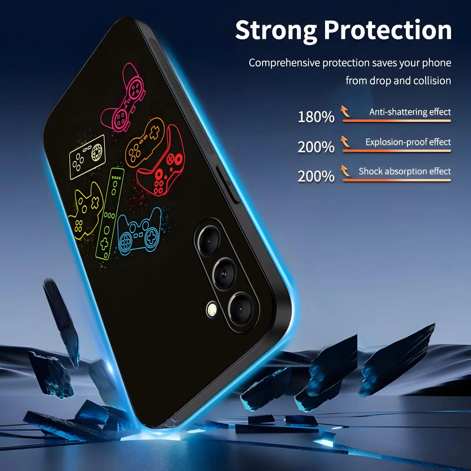 Anti-Drop Black Phone Case with Game Controller Graphic