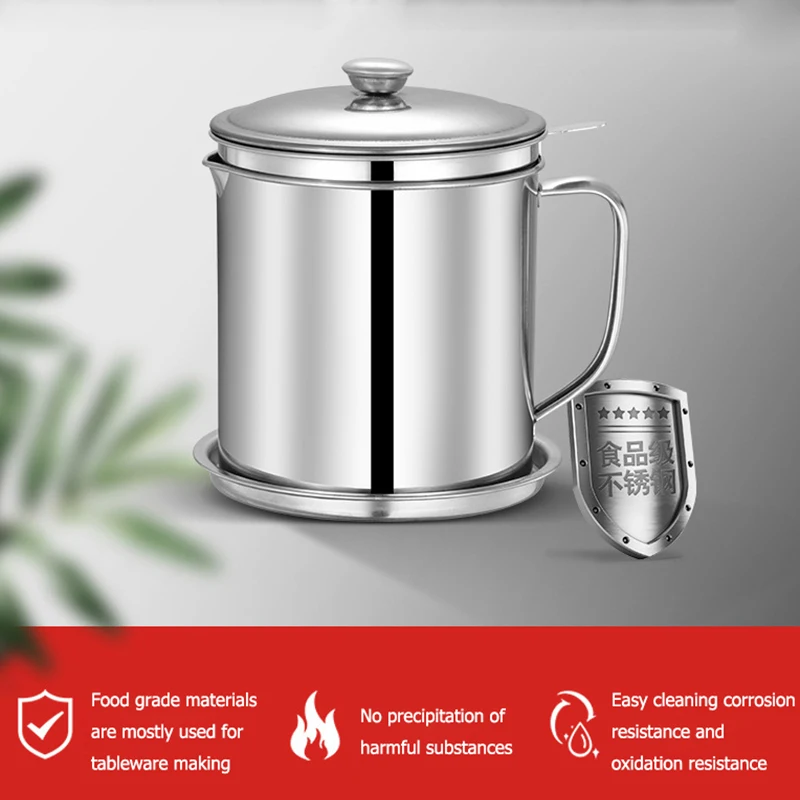 304 Stainless Steel 1.8L Oil Filter Bacon Grease Filter Jar Container Water Tank Large Capacity Storage Kitchen Cooking Tools Food Storage Container Stainless Steel Oil Pot Oil Container
