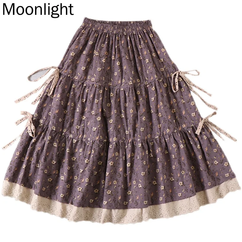 Japanese Mori Girl Literary Floral Skirts For Women Vintage Splicing Cake Skirt Autumn Printed A-Line Cotton And Linen Skirt