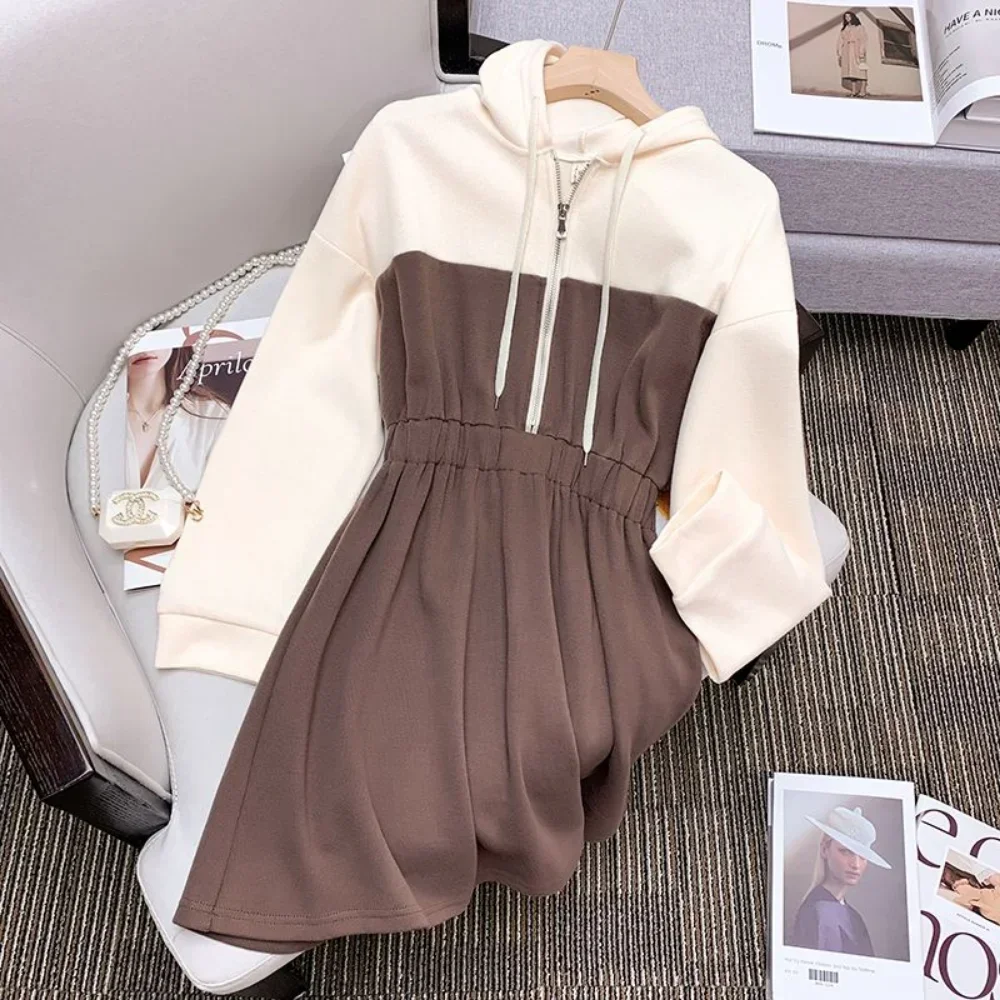 2025 Spring And Autumn Ladies Knee-Length Dress Hooded Warm