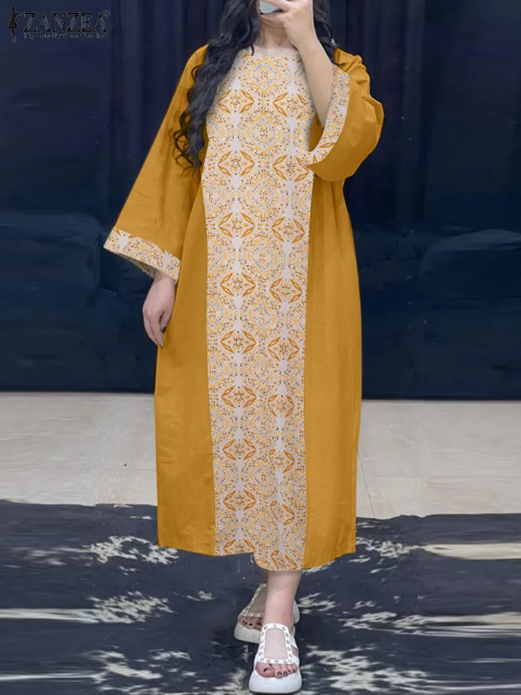 

ZANZEA Plus Size 2024 Summer Elegant Women Dress Vintage Print Long Dress Casual Loose Long Sleeve Vestidos Round Neck Maxi Robe