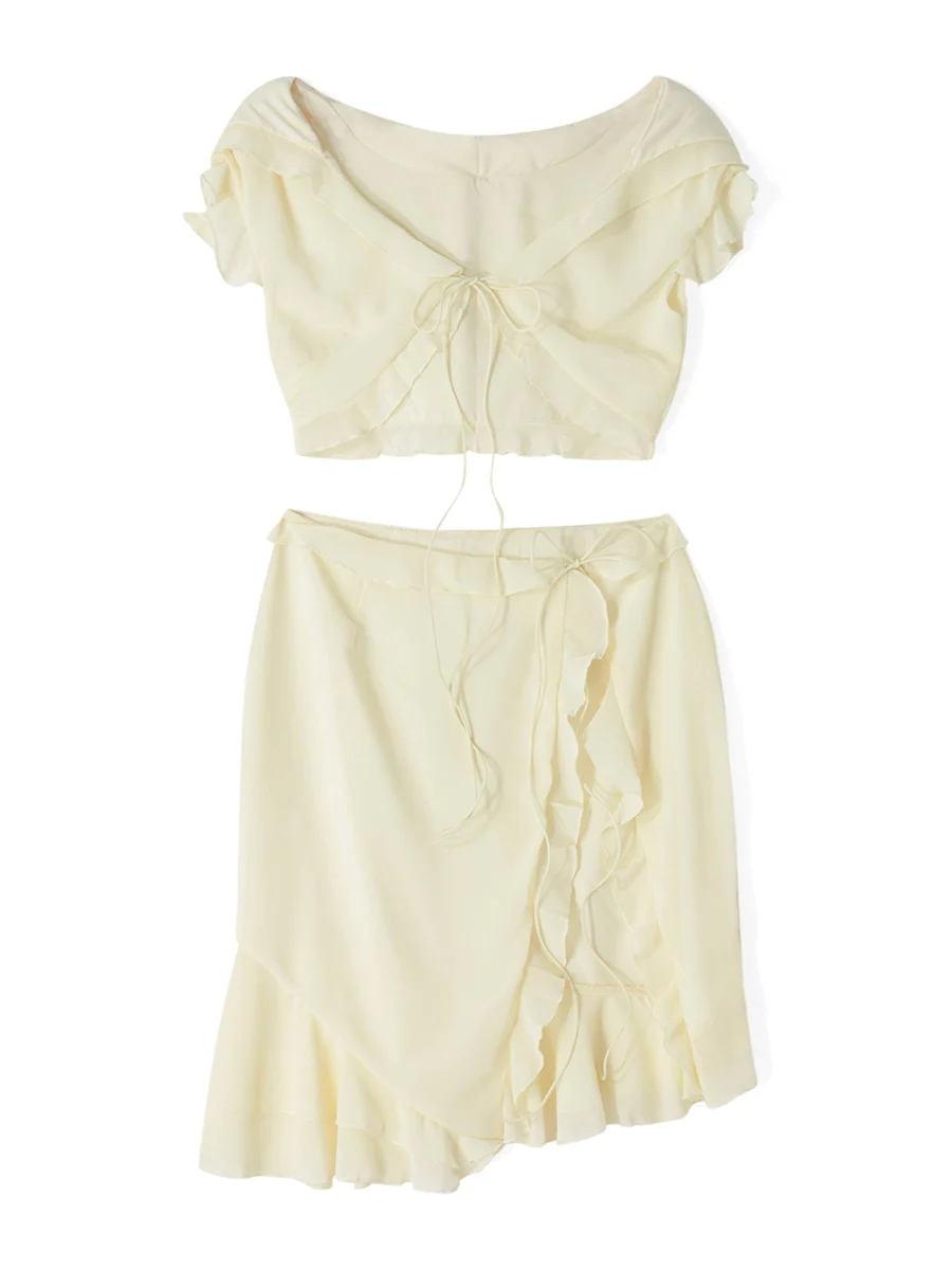 

Women Y2K Summer 2 Piece Set Short Sleeve Hooded Tie-up Ruffled Crop Top with Low Waist Slit Midi Skirt Outfits