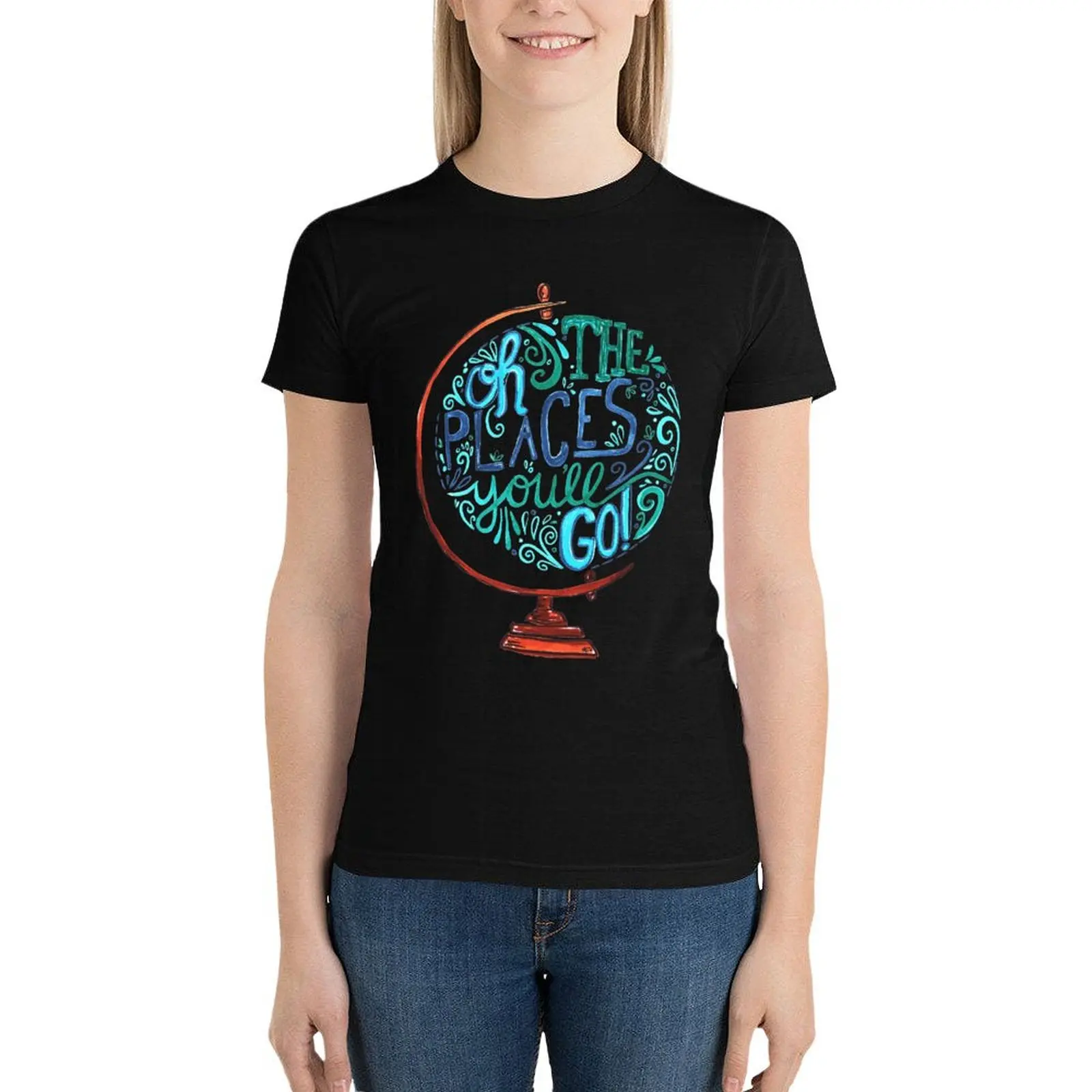 Oh The Places You'll Go - Vintage Typography Globe T-Shirt Blouse aesthetic clothes t shirts for Women loose fit