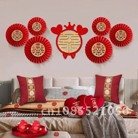 

Paper Crafts Wedding Fan Flower Pompom Red Hanging Bedroom Living Room Wall Decor Chinese Style Origami Fan DIY Party Supplies