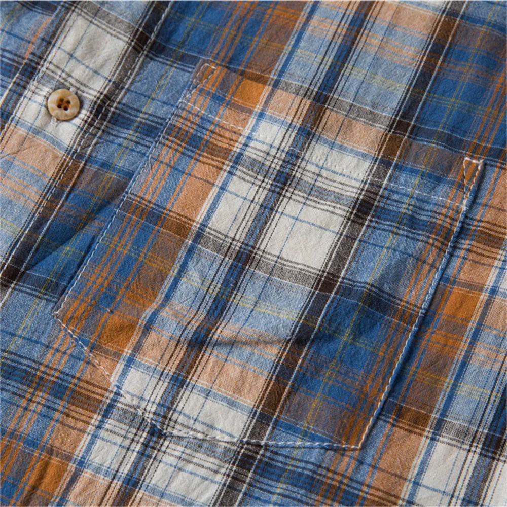 Men 100% Cotton Short Sleeve Plaid Shirt Summer Casual Social Business