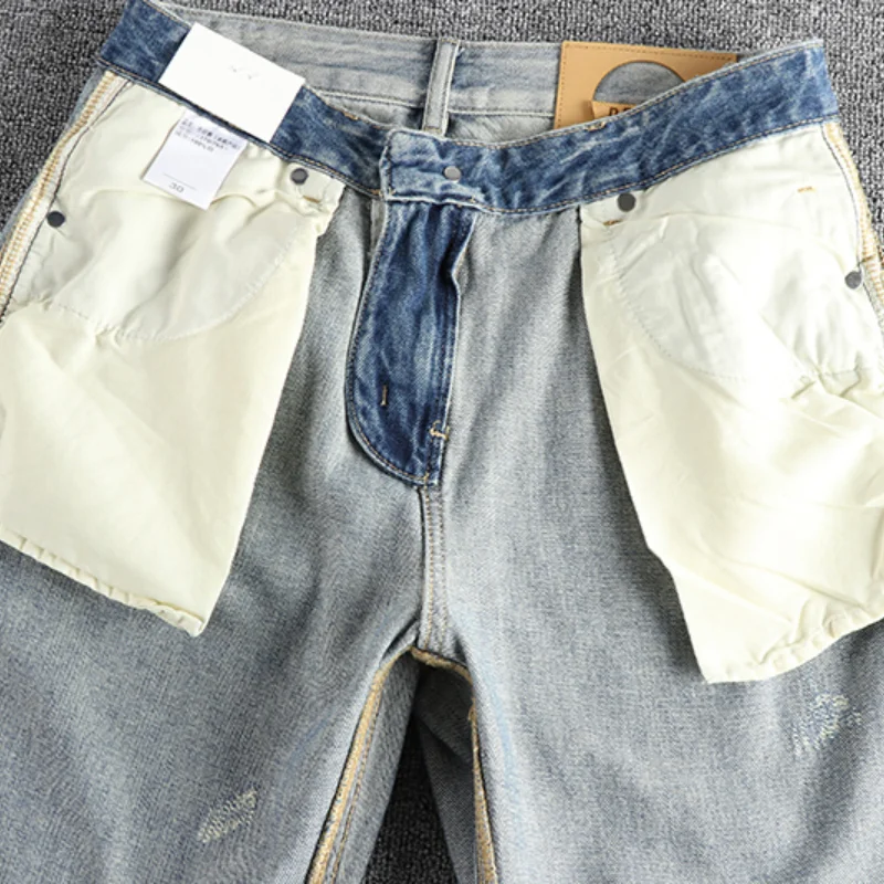 Heavy craft wash cat must do old jeans men spring loose straight leg American retro trend embroidered pants