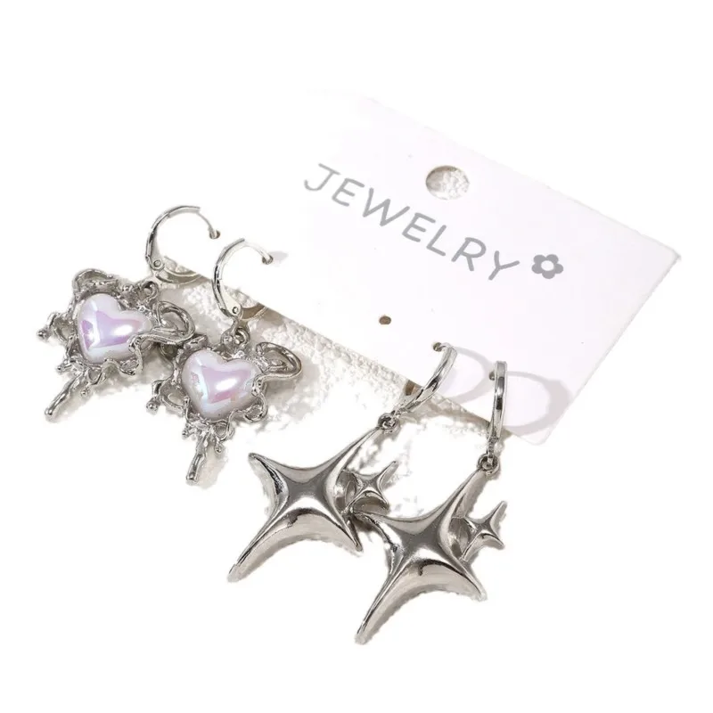 2 Pairs/set Love Heart&Star Earring Sets for Women Y2K Style New Trend Earrings Party Jewelry Gifts