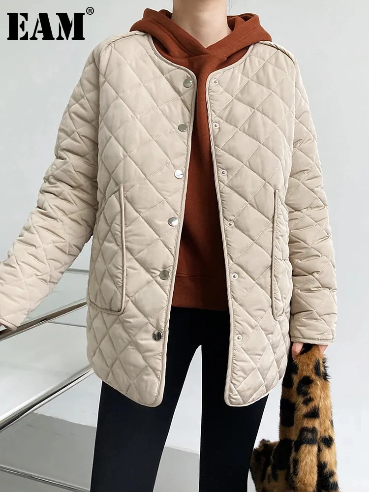 

[EAM] Apricot Big Size Warm Cotton-padded Coat Long Sleeve Loose Fit Women Parkas Fashion Tide New Autumn Winter 2024 1DF0416