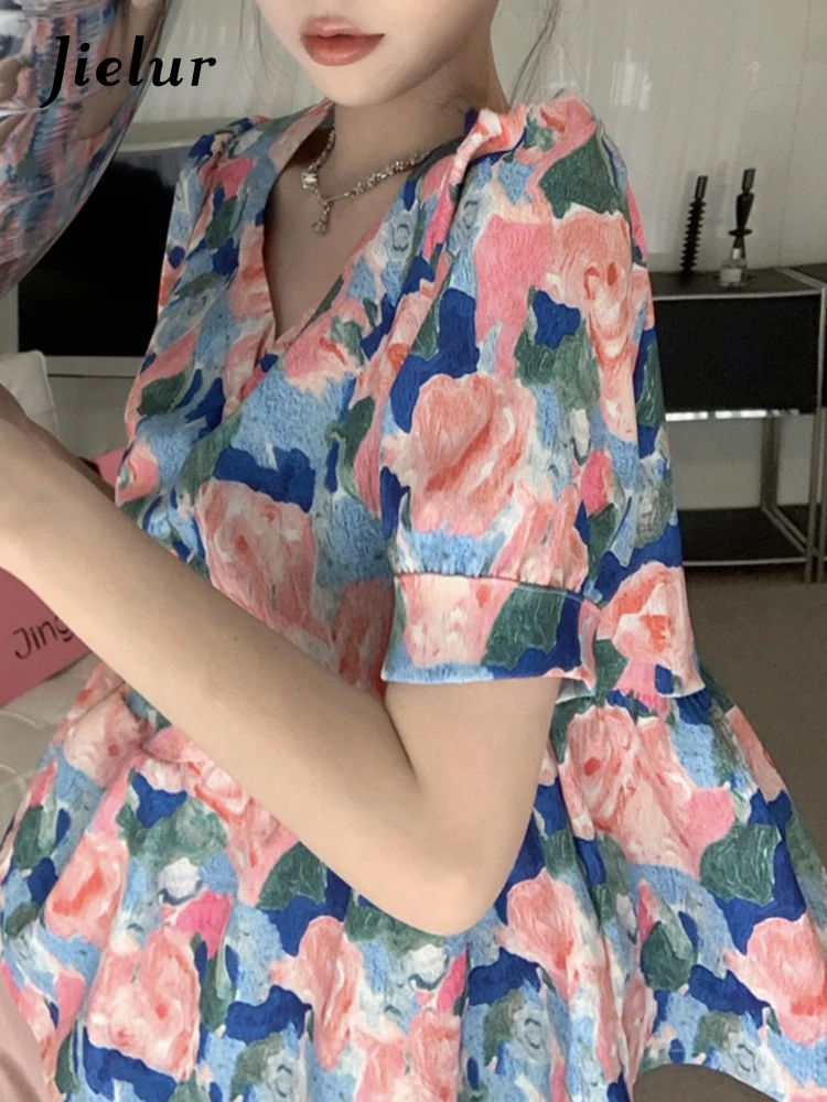 

Jielur Женские блузки рубашки с цветочным принтом женские летние топы с коротким рукавом Элегантная модная блузка в стиле ретро с коротким рукавом