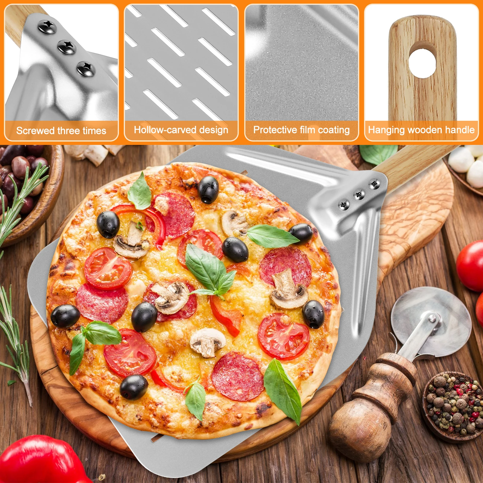 12in Pizza Peel Aluminium Alloy Lightweight Pizza Shovel Non-Stick Perforated Pizza Shovel with Woodiness Handle for Pizza Bread