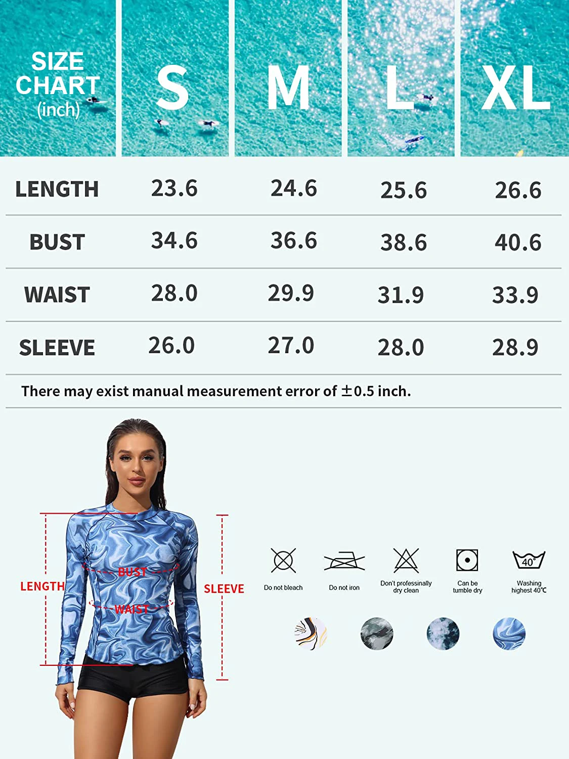 Rash Guard Women Quick Dry Breathable Wave Print Surfing Tops UPF 50+ Crew Neck Long Sleeves